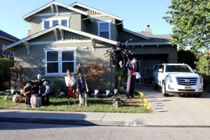 A front yard in Marin is adorned with themed decorations in celebration of Halloween.