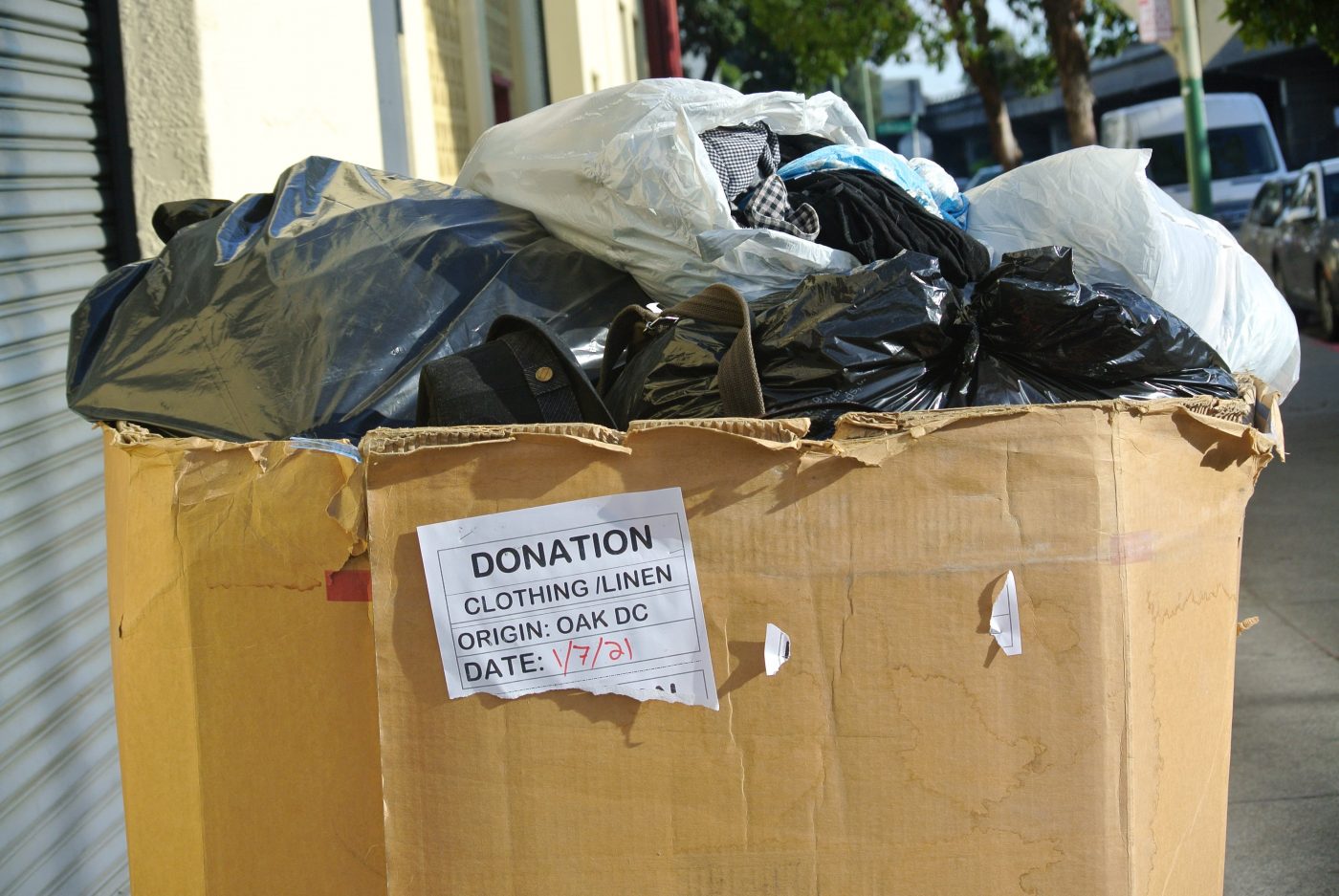 Behind The Salvation Army in Oakland Chinatown, donations wait to be sorted and stocked.