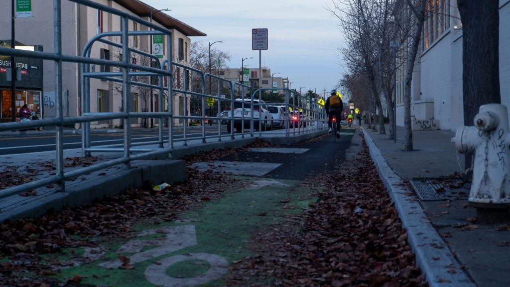 A biker rides along a protected bike lane on Milvia Street outside of BHS.