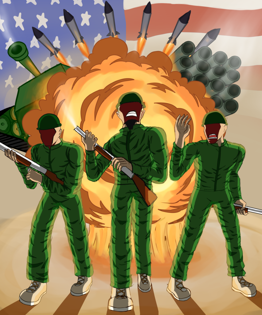 Three men in green suits standing in front of an explosion, the explosion is in front of an American Flag