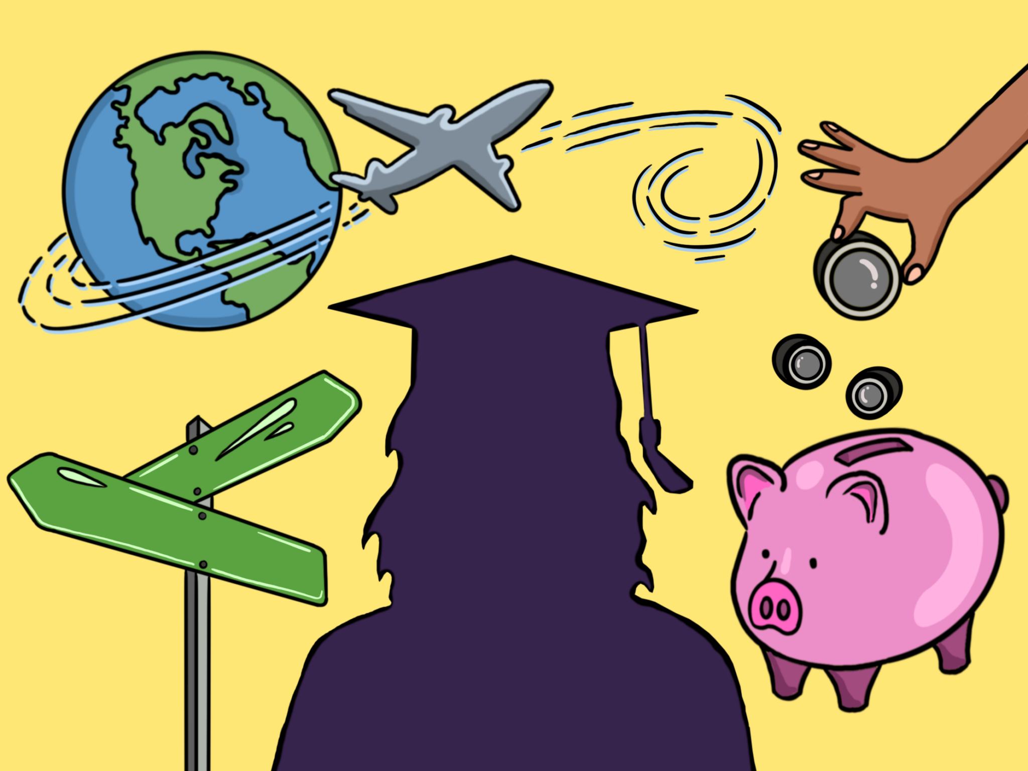 A sillouette of a graduate surrounded (from left) by a road sign, a plane flying around a globe, and a piggy bank.