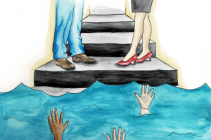 people drowning at the feet of a man and a woman.