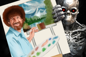 A painting of Bob Ross held by robot