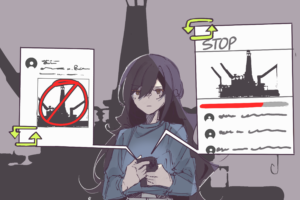 Illustration of girl with phone, reading an article related to 