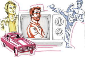 Three movie actors, illustrated, with a TV and a car in frame