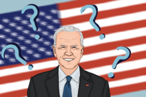 Joe Biden standing in front of question marks and an American Flag.