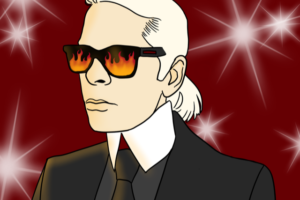 Illustration of Karl Lagerfeld with sunglasses with flames in them and flashing lights behind him.