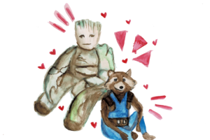 Illustration of Groot, a tree man, and Rocket, a racoon leaning on each other.