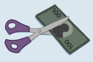 A scissor cutting a 100 dollar bill.