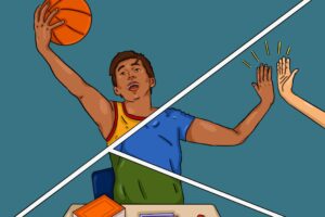 Illustration of a guy playing basketball with a triangle showing a hand giving a high-five to him and another triangle showing books on a desk