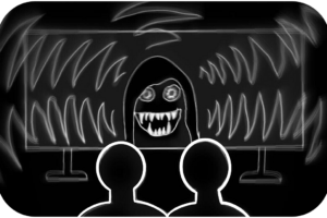 Two people watching a horror movie in the dark with a scary girl