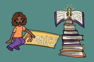 Stack of books with a tiny person on top and a person with a sign with "Phonics" on it to the left of the stack of books