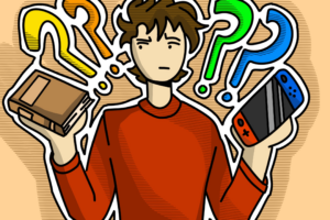 A person is holding up a book in one hand and a gaming controller in another. There are large question marks around the person