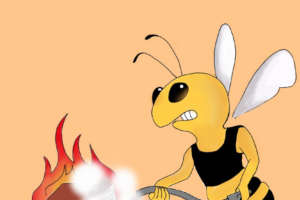Illustration of a Yellow Jacket putting out a fire consuming books.