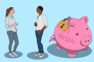 Illustrations of two people talking next to a large piggy bank with a lock on it.