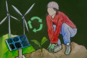 Illustration of a person surrounded by renewable energy sources.
