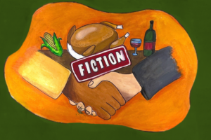 An illustration of a handshake with the word fiction in a box and a turkey behind the handshake.