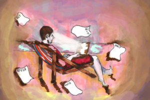 A person in a beach chair surrounded by floating homework sheets.