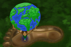 Illustration of a person holding up the world while standing in a large sized footprint.