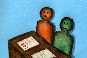 The person in red is miserable having to fill out 108 questions for the FAFSA and the person in green is happier with the reduction in the number of questions for the FAFSA, now only having to answer 46.
