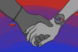 Illustration of two people holding hands with the mascot of the republican party on one of their wrists and the mascot of the democratic party on the other person