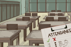 Illustration of a teacher holding an attendance list with many absences.