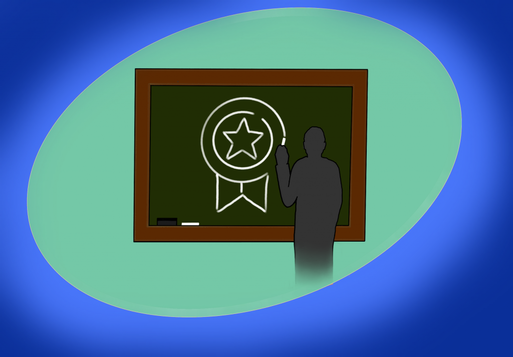 Teacher standing next to a blackboard with a medal drawn on it.
