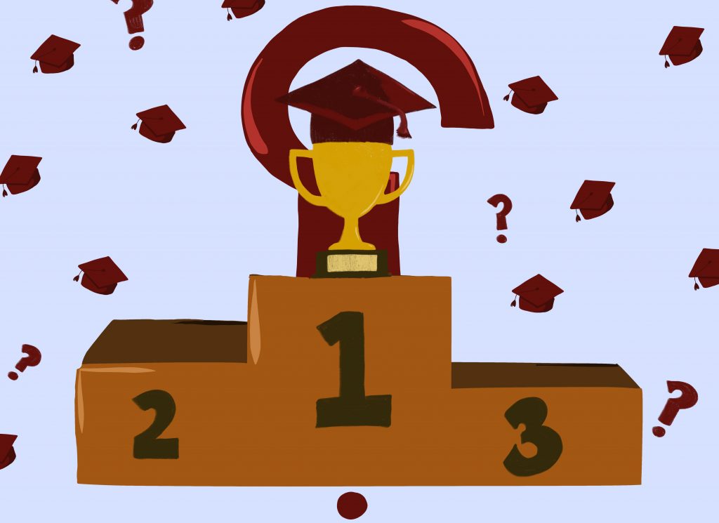 Illustration of a podium with a trophy at the top, indicating the winner and valedictorian of the graduating class.