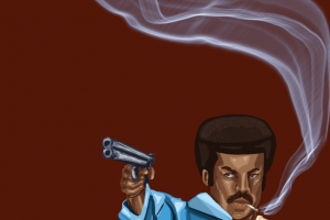 Illustration of a person smoking and holding a gun.
