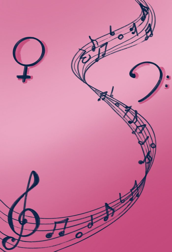 An artistic illustration of a musical stave transforming into a female gender symbol against a pink background. The stave flows from a treble clef into a series of musical notes, which then elegantly curve into the circle atop the cross of the female symbol, suggesting a fusion of music and feminine identity.