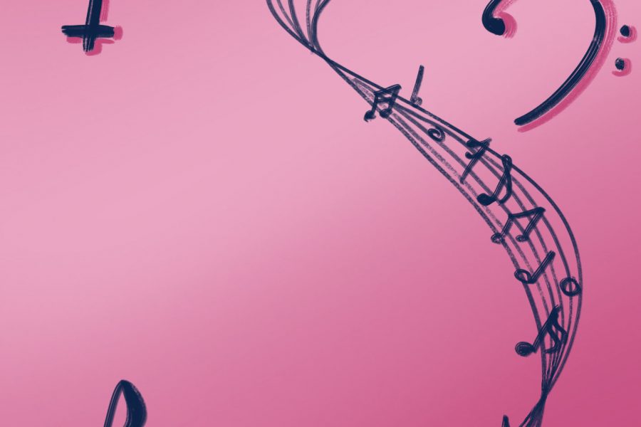 An artistic illustration of a musical stave transforming into a female gender symbol against a pink background. The stave flows from a treble clef into a series of musical notes, which then elegantly curve into the circle atop the cross of the female symbol, suggesting a fusion of music and feminine identity.