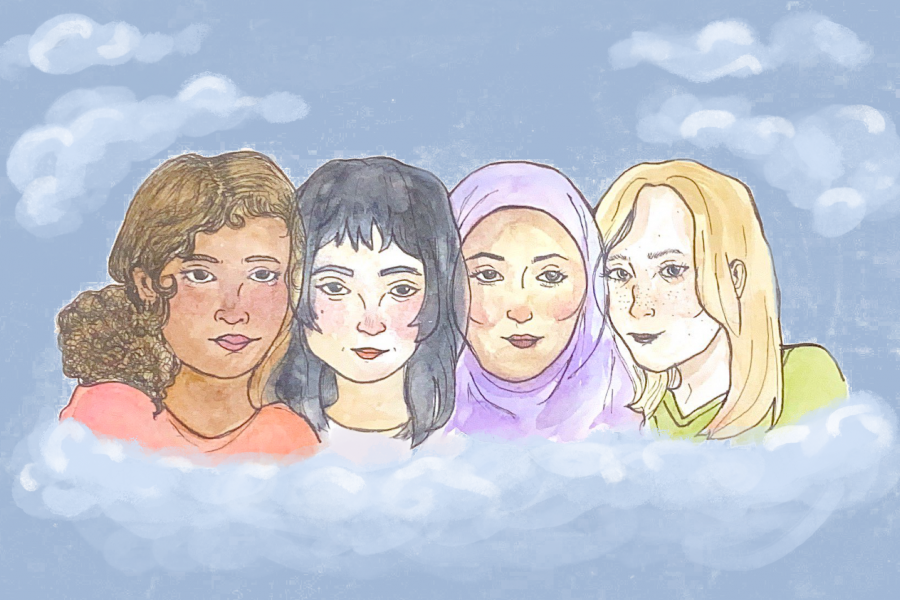 A watercolor illustration depicting four women of diverse backgrounds, encapsulated within soft, cloud-like shapes against a light blue background. The women are drawn close together, symbolizing unity and diversity, with features suggesting different ethnicities, including a woman wearing a hijab. The image conveys a sense of solidarity and intersectional feminism.