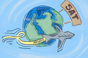 Stylized drawing of an airplane circling a globe with a signpost reading "SAT".
