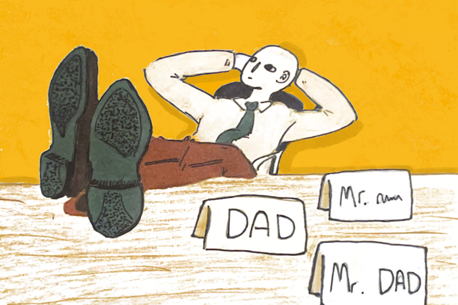 Man reclining with hands behind head, feet up, and three name cards reading "DAD," "Mr. name," and "Mr. DAD."