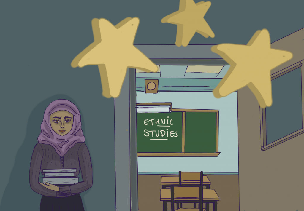 Arab-American student outside of Ethnic Studies classroom.