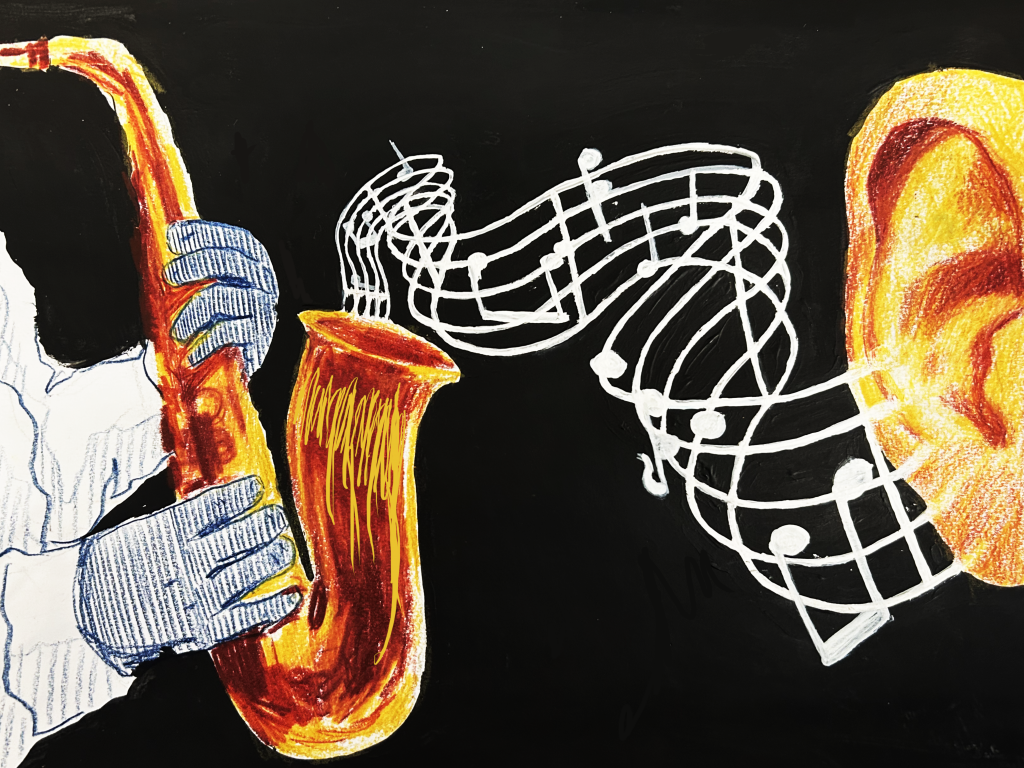 Illustration of a person playing saxophone with music notes flowing into another person's ear