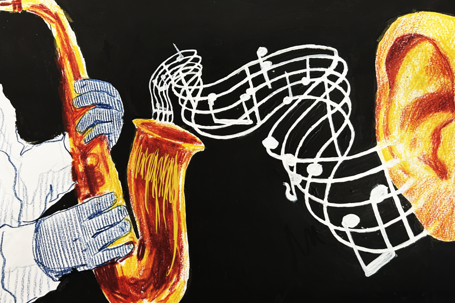 Illustration of a person playing saxophone with music notes flowing into another person