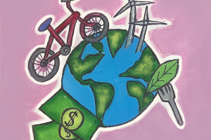 An illustration of the world with a bike, dollar bills, a leaf, and wind turbines around it.