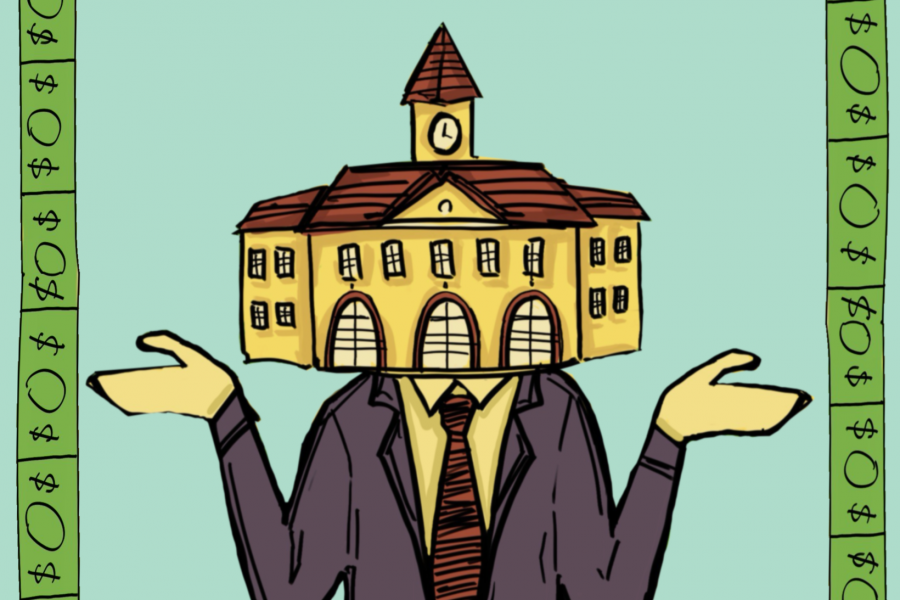 Illustration of a person with a building in place of their face. Also, there is a border of dollar bills around the person.