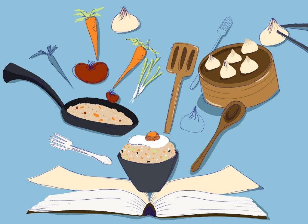 An illustration showcasing a book with many different recipes from Asian culture.