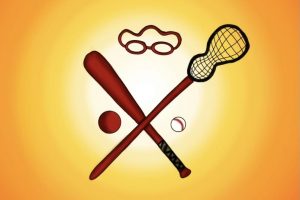 Illustration of swimming goggles, lacrosse stick, baseball, baseball bat, and another ball.