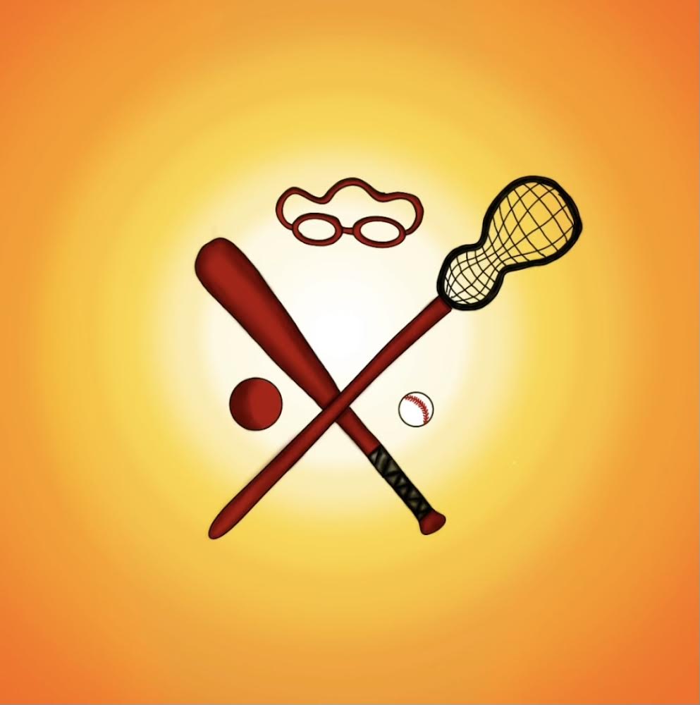 Illustration of swimming goggles, lacrosse stick, baseball, baseball bat, and another ball.